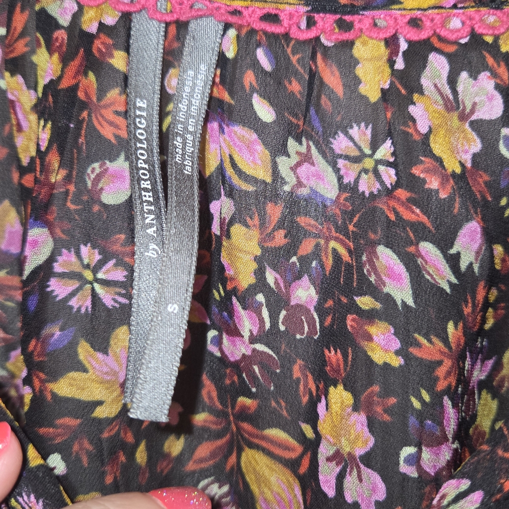 Womens Anthropologie Multicolor Floral Blouse W/ Bell Sleeve, Sheer, Sz SM - Picture 6 of 11